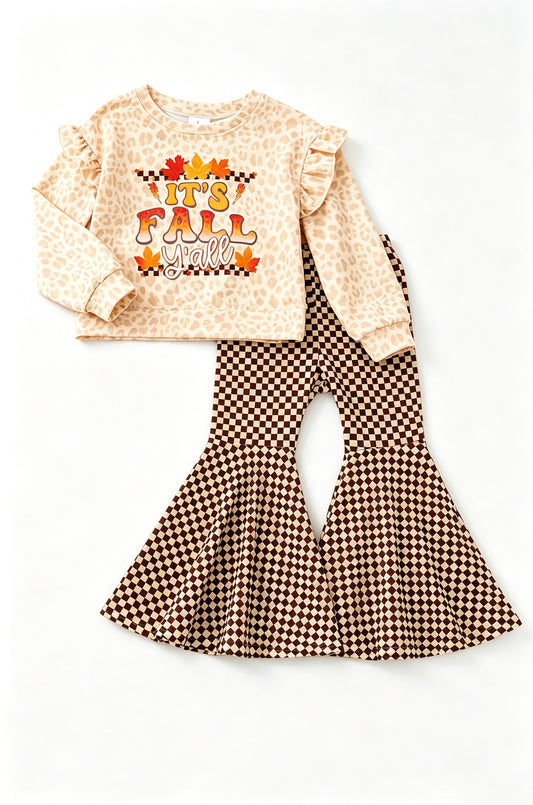 preorder GLP3652 Thanksgiving It's Fall Long Sleeve Checkered Pants Girls Set
