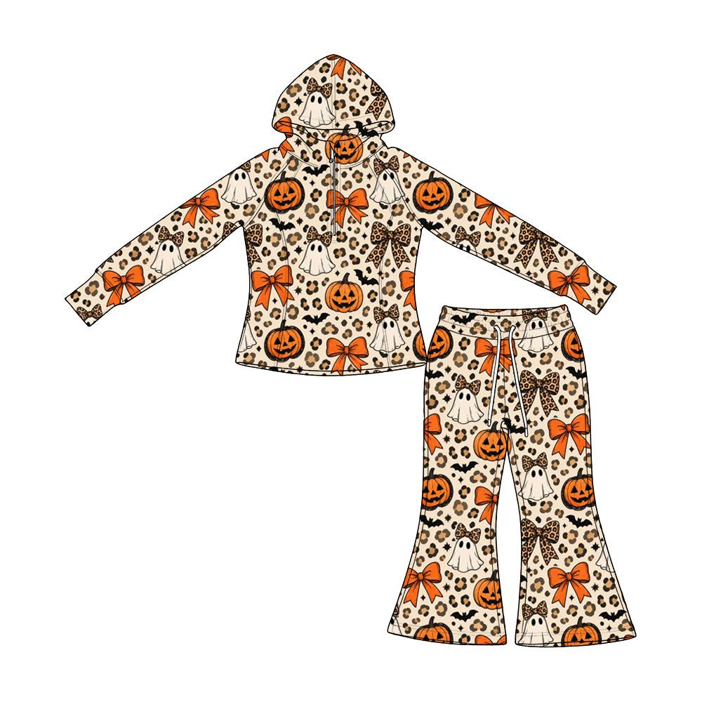 preorder GLP3654 Halloween Spooky Pumpkin Leopard Zipper Hoodie Long Sleeve Pants Girls Set