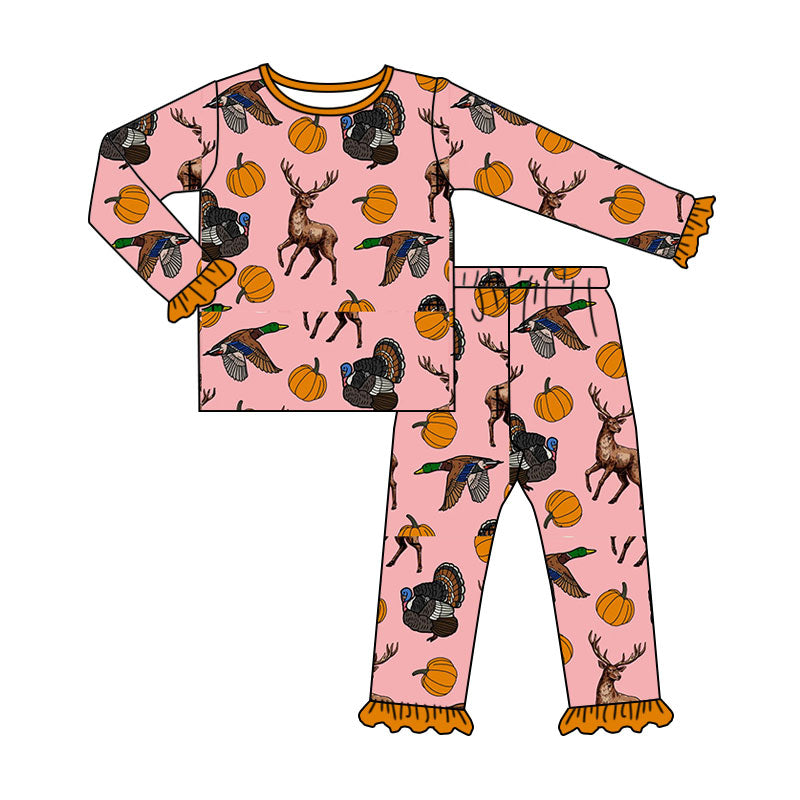 preorder GLP3655 Hunting Mallard Deer Turkey Pink Long Sleeve Pants Girls Pajamas