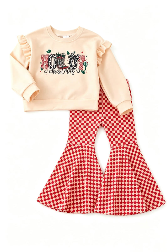 preorder GLP3653 Christmas Western Long Sleeve Red Checkered Pants Girls Set