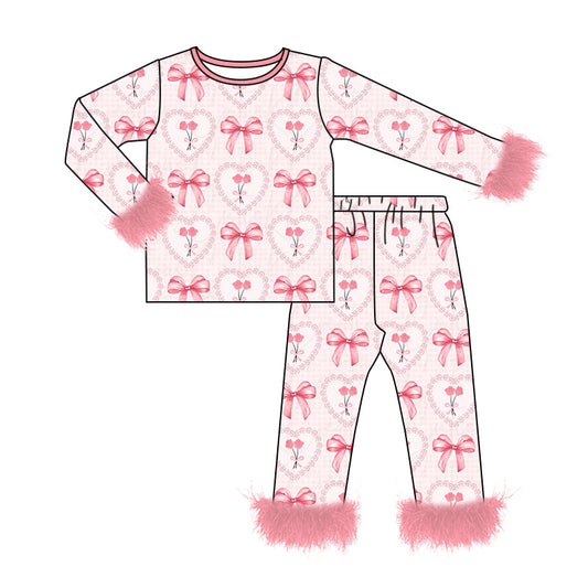 preorder GLP3668 Valentine's Day Heart Flowers Fur Long Sleeve Pants Girls Pajamas