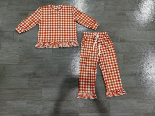 preorder Samples GLP3672 Orange Checkered Long Sleeve Pants Girls Set