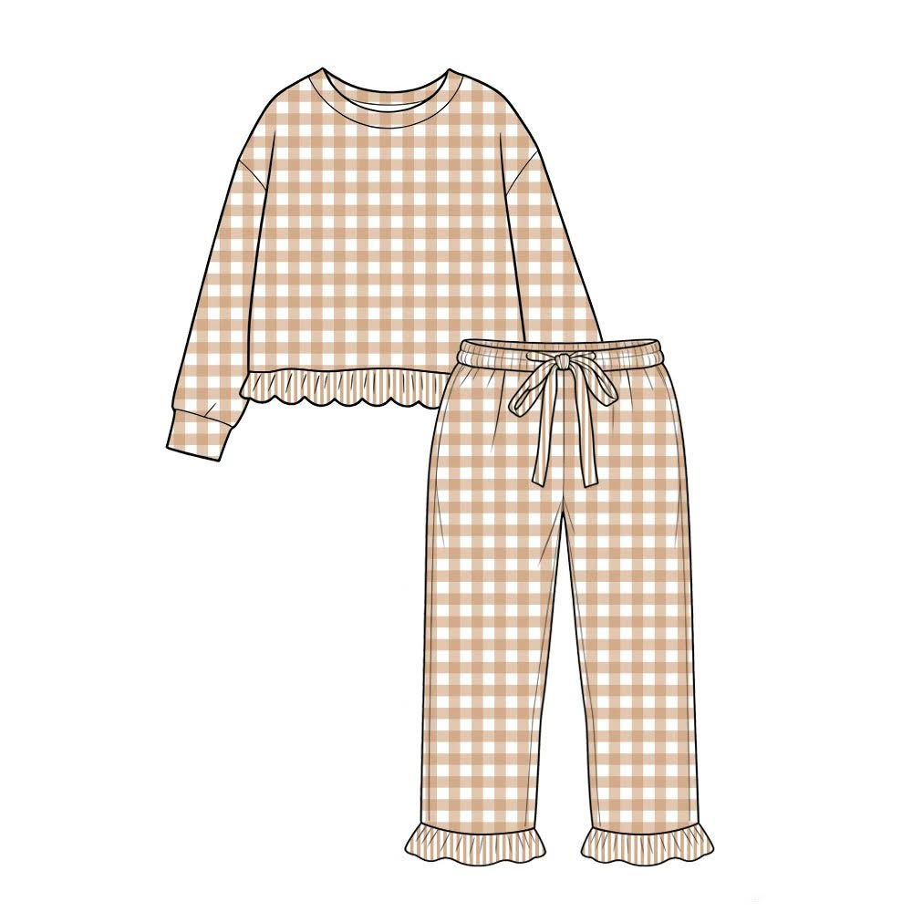 preorder GLP3673 Khaki Checkered Long Sleeve Pants Girls Set