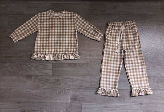 preorder Samples GLP3674 Green Checkered Long Sleeve Pants Girls Set