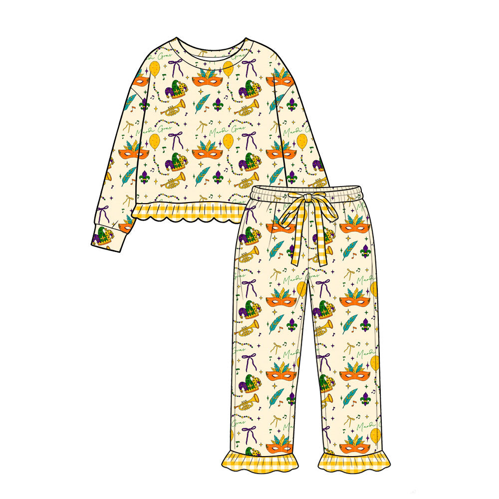 preorder GLP3679 Mardi Gras Yellow Long  Sleeve Pants Girls Set