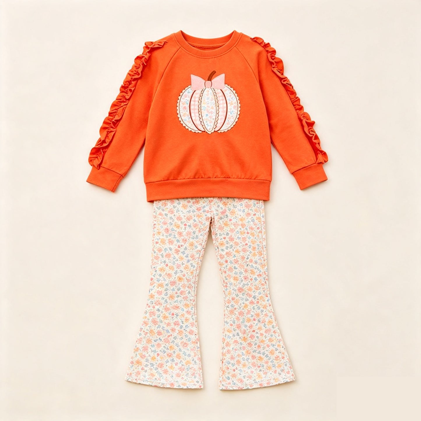 preorder GLP3682 Pumpkin Orange Long Sleeve Flowers Floral Pants Girls Set
