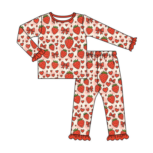 preorder GLP3684 Valentine's Day Strawberry Bows Long Sleeve Pants Girls Pajamas