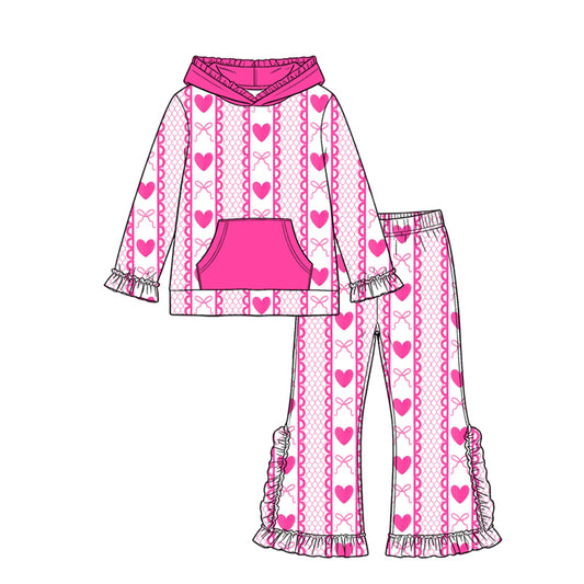 preorder GLP3685 Valentine's Day Heart Bows Hot Pink Pocket Hoodie Long Sleeve Pants Girls Set