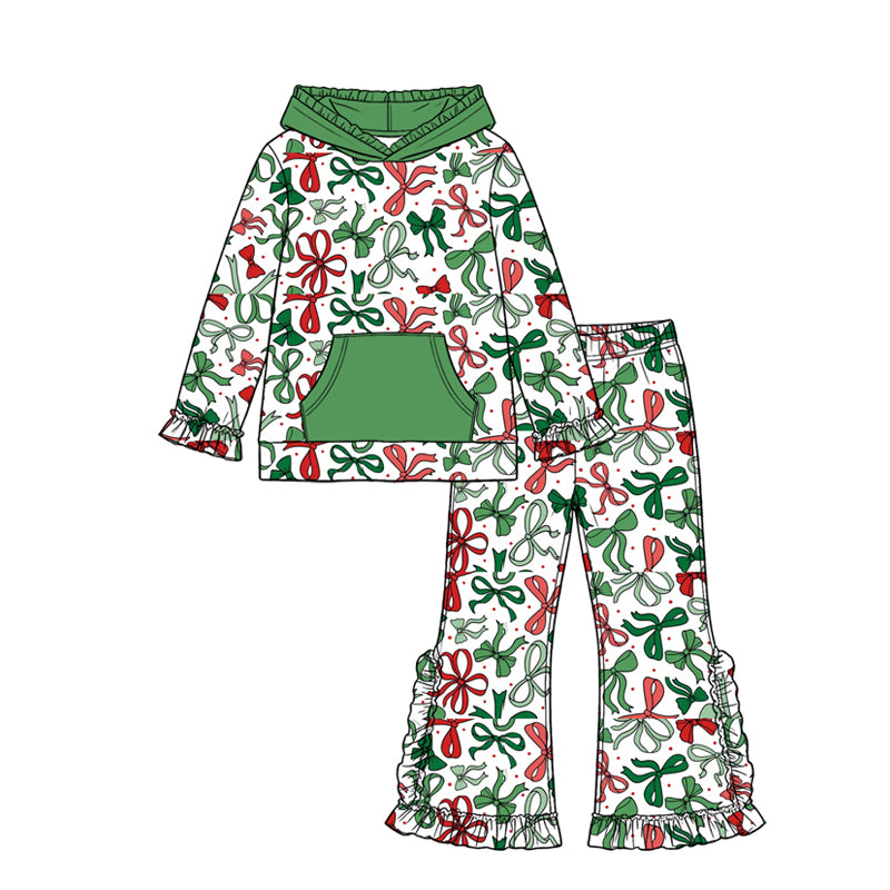 preorder GLP3687 Christmas Red Green Bows Pocket Hoodie Long Sleeve Pants Girls Set