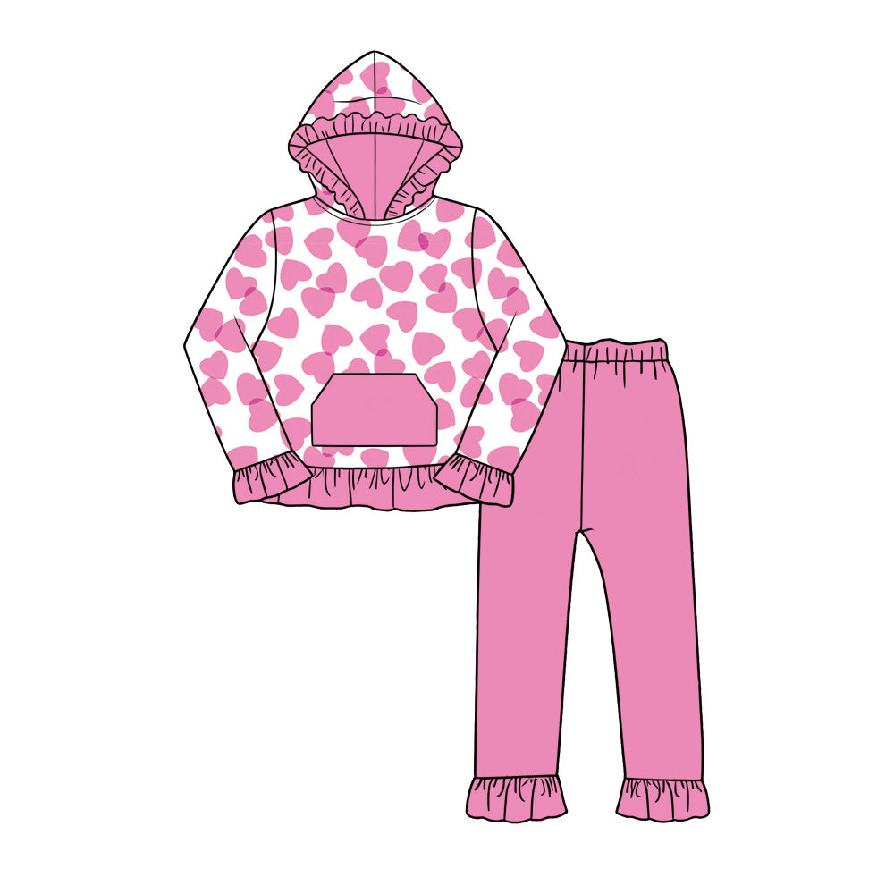 preorder GLP3693 Valentine's Day Heart Hot Pink Pocket Hoodie Long Sleeve Pants Girls Set