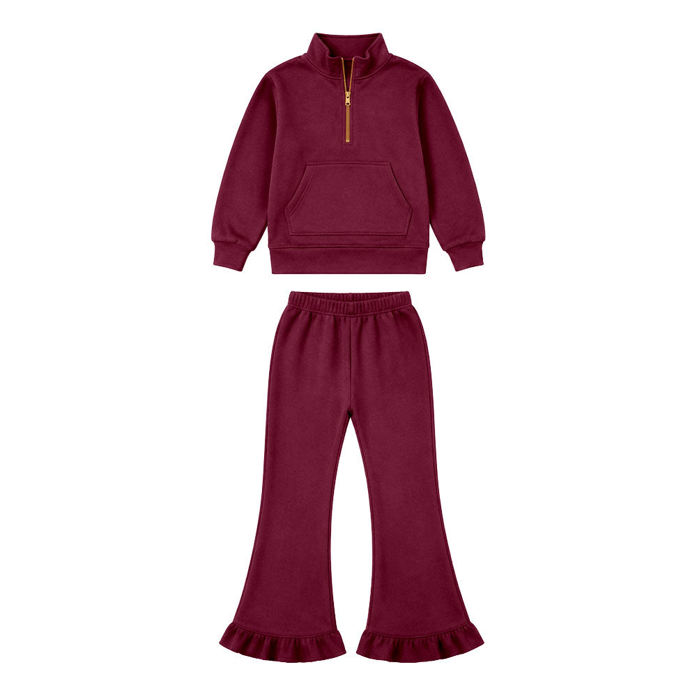 preorder GLP3695 Sweatshirt Maroon Pocket Zipper Long Sleeve Pants Girls Set