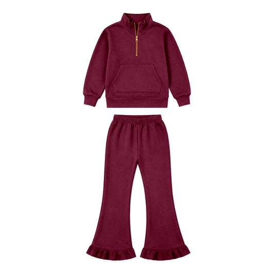 preorder GLP3695 Sweatshirt Maroon Pocket Zipper Long Sleeve Pants Girls Set