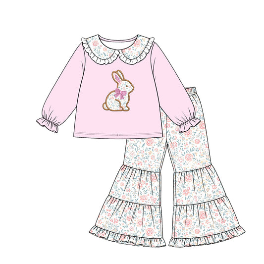 preorder GLP3705 Bunny Rabbit Flowers Pink Long Sleeve Pants Girls Set