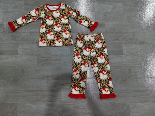 preorder Samples GLP3708 Christmas Santa Leopard Long Sleeve Pants Girls Pajamas
