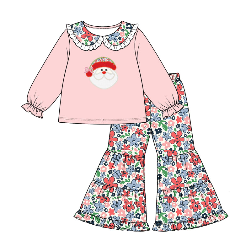preorder GLP3712 Christmas Santa Pink Long Sleeve Flowers Pants Girls Set