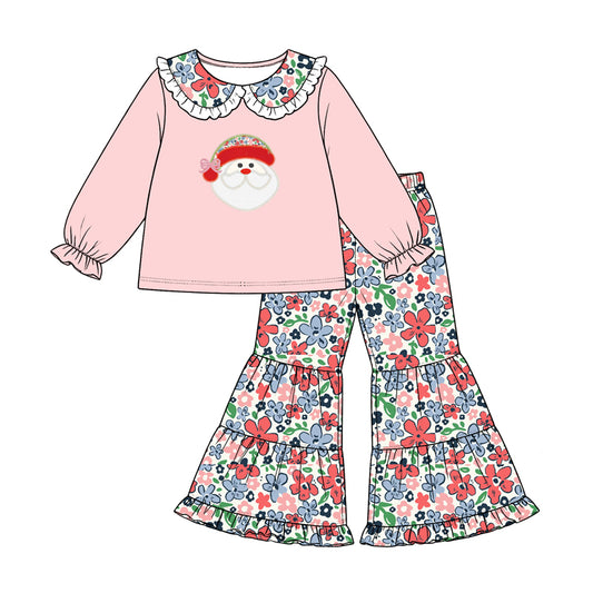 preorder GLP3712 Christmas Santa Pink Long Sleeve Flowers Pants Girls Set