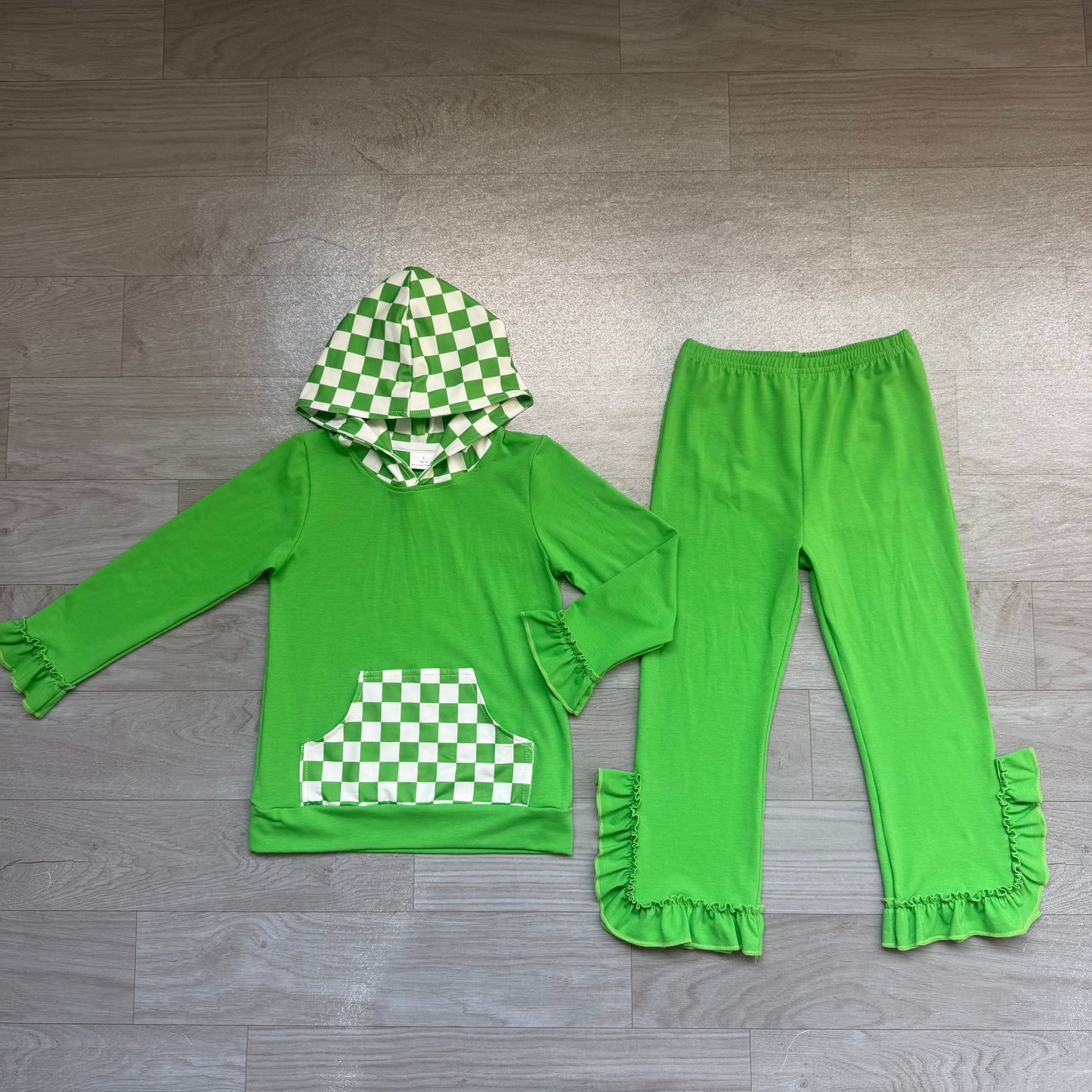 preorder Samples GLP3714 Green Pocket Hoodie Long Sleeve Pants Girls Set