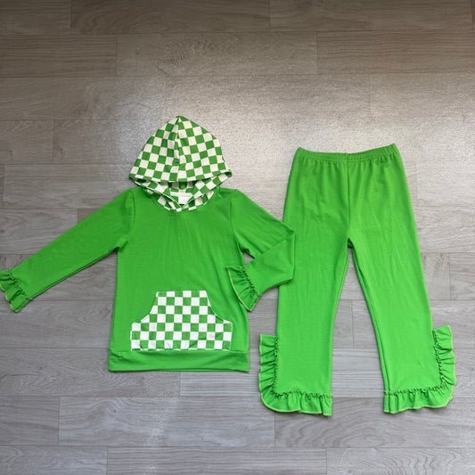 preorder Samples GLP3714 Green Pocket Hoodie Long Sleeve Pants Girls Set