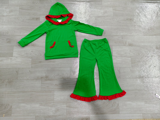 preorder Samples GLP3752 Christmas Green Hoodie Zipper Long Sleeve Pants Girls Set