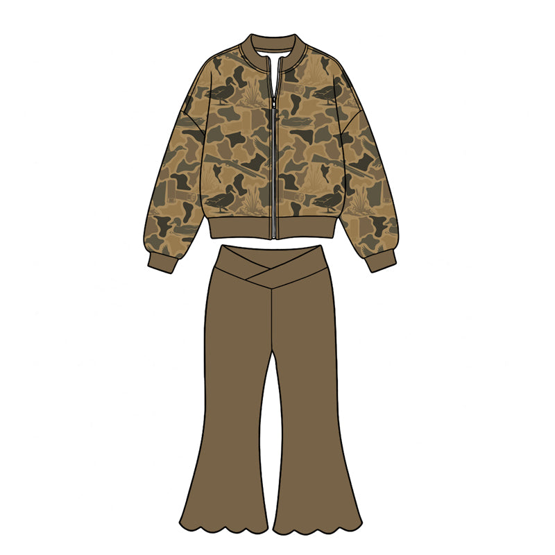 preorder GLP3757 Yoga Camo Zipper Long Sleeve Coat Scallop Pants Girls Set