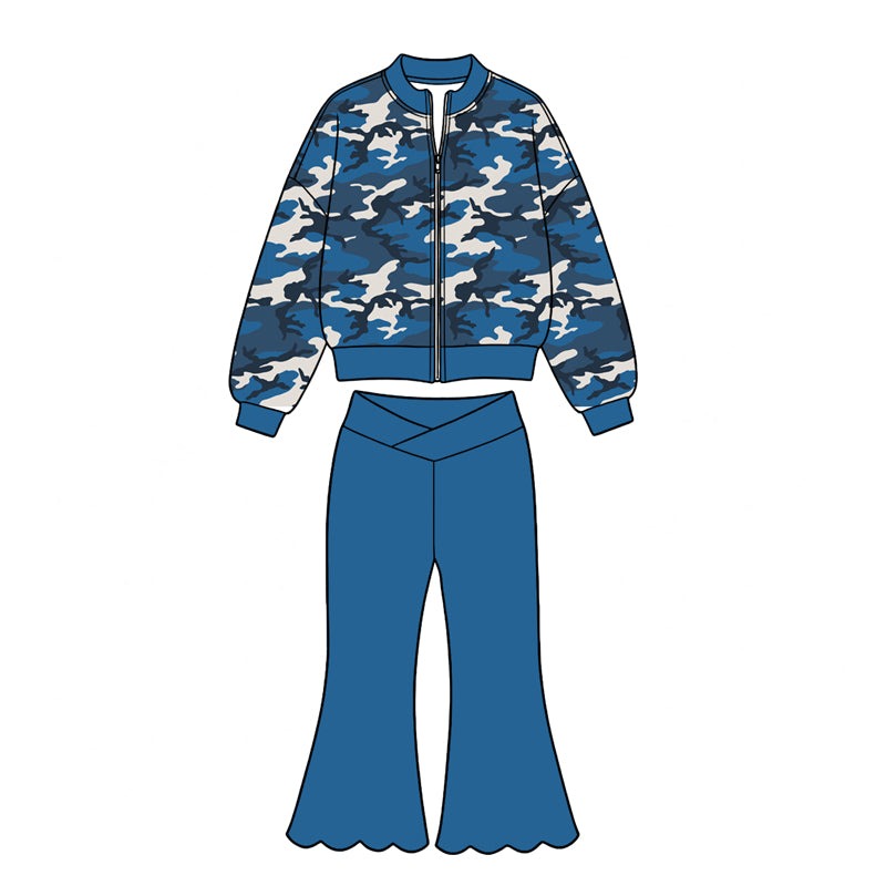 preorder GLP3758 Yoga Camo Zipper Long Sleeve Coat Scallop Pants Girls Set