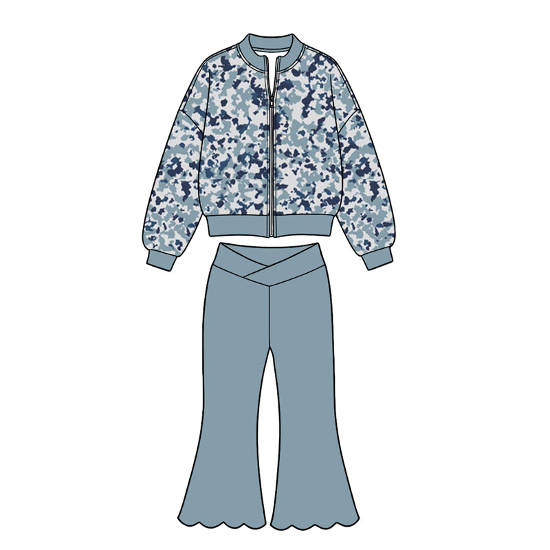 preorder GLP3759 Yoga Camo Zipper Long Sleeve Coat Scallop Pants Girls Set