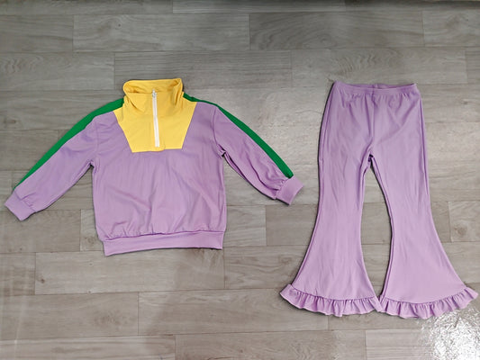 preorder Samples GLP3828 Yoga Mardi Gras Purple Zipper Long Sleeve Pants Girls Set