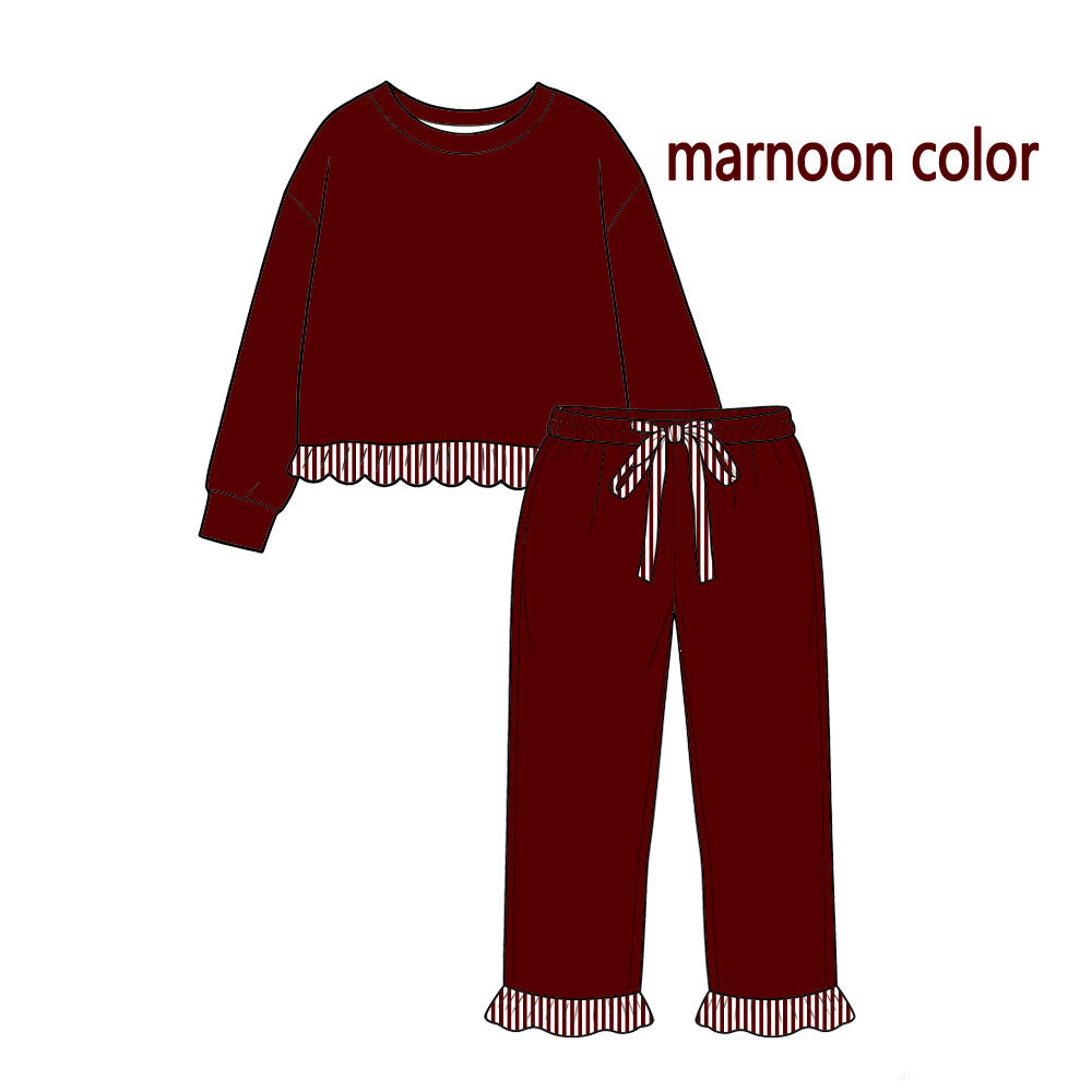 preorder GLP3829 Scallop Maroon Long Sleeve Pants Girls Set