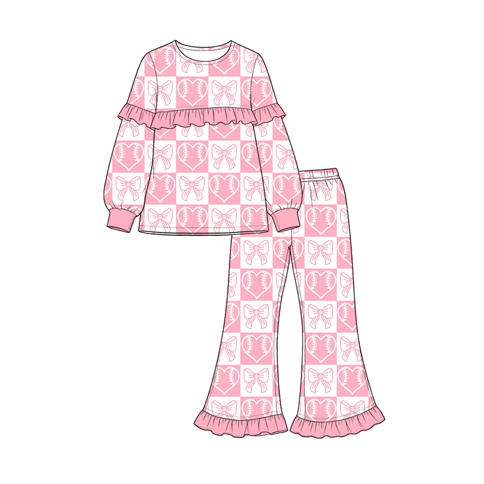 preorder GLP3833 Valentine's Baseball Heart Bows Pink Long Sleeve Pants Girls Set