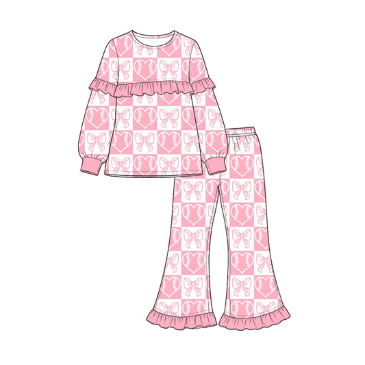 preorder GLP3833 Valentine's Baseball Heart Bows Pink Long Sleeve Pants Girls Set