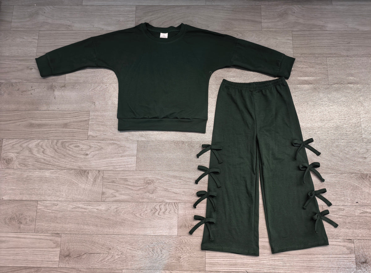 preorder Samples GLP3847 Solid Color Green Long Sleeve Pants Girls Set