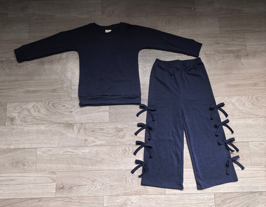 preorder Samples GLP3849 Solid Color Navy Blue Long Sleeve Pants Girls Set