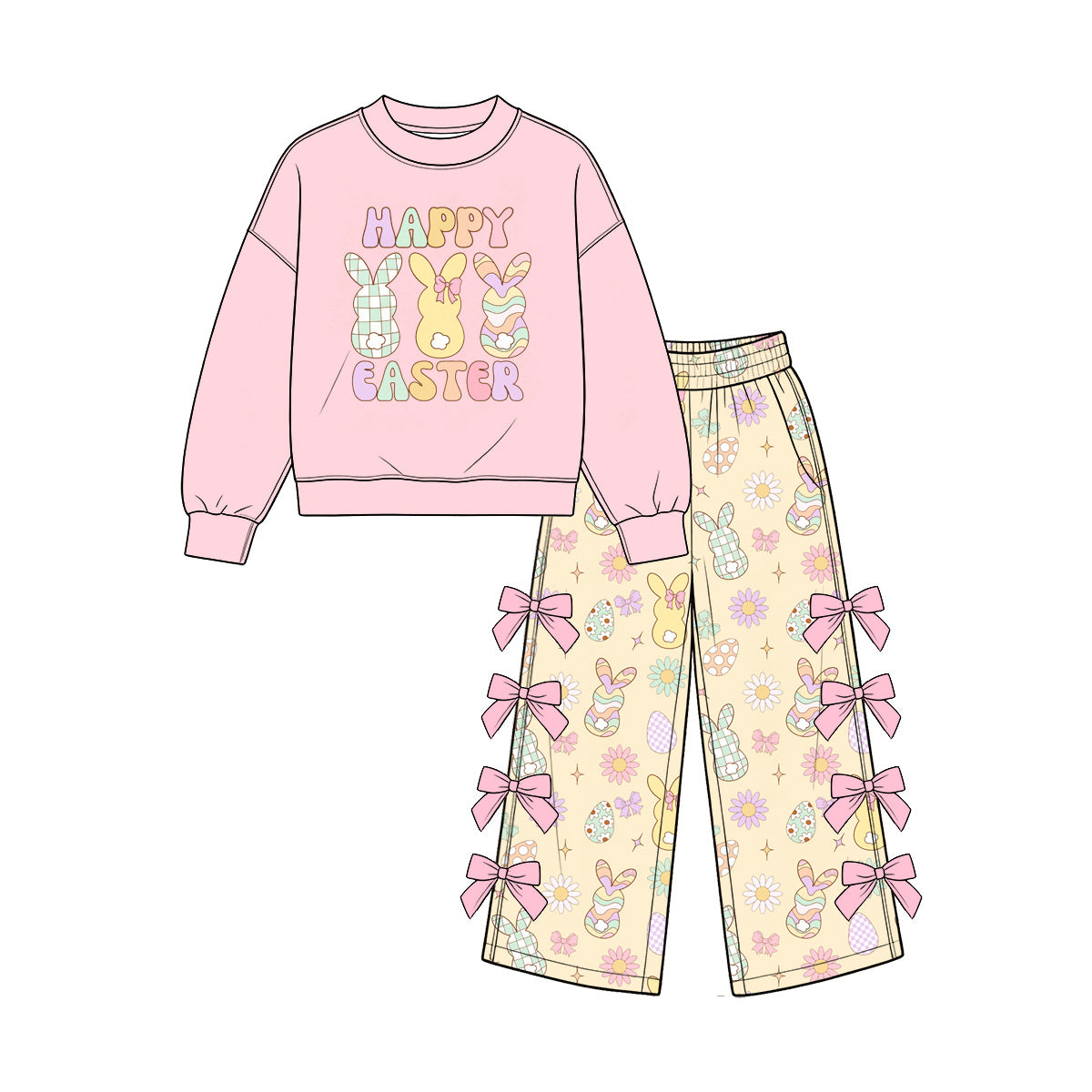 preorder GLP3858 Happy Easter Rabbit Bunny Pink Long Sleeve Bows Pants Girls Set