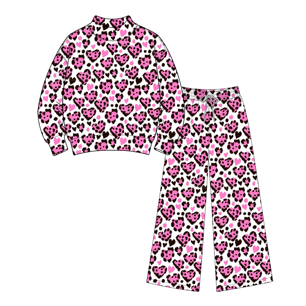 preorder GLP3861 Valentine's Day Leopard Heart Hot Pink Long Sleeve Pants Adult Women Set