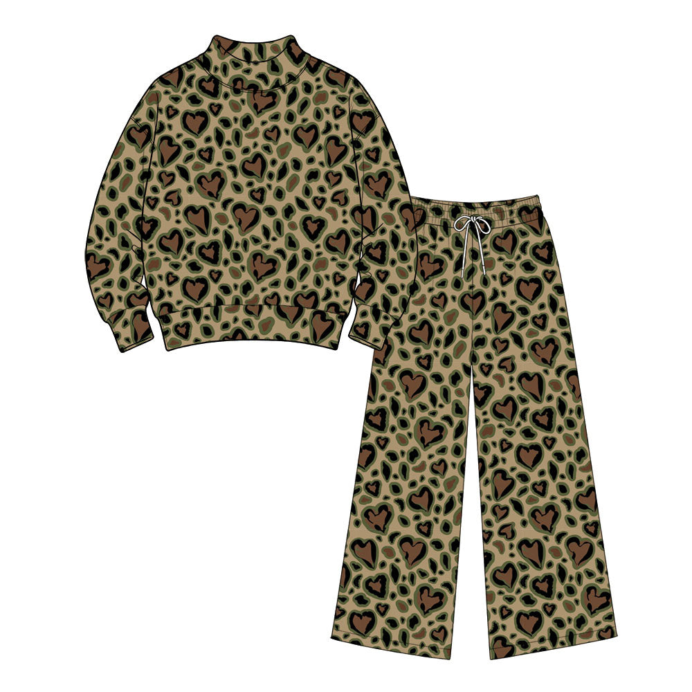 preorder GLP3862 Valentine's Day Leopard Heart Long Sleeve Pants Adult Women Set