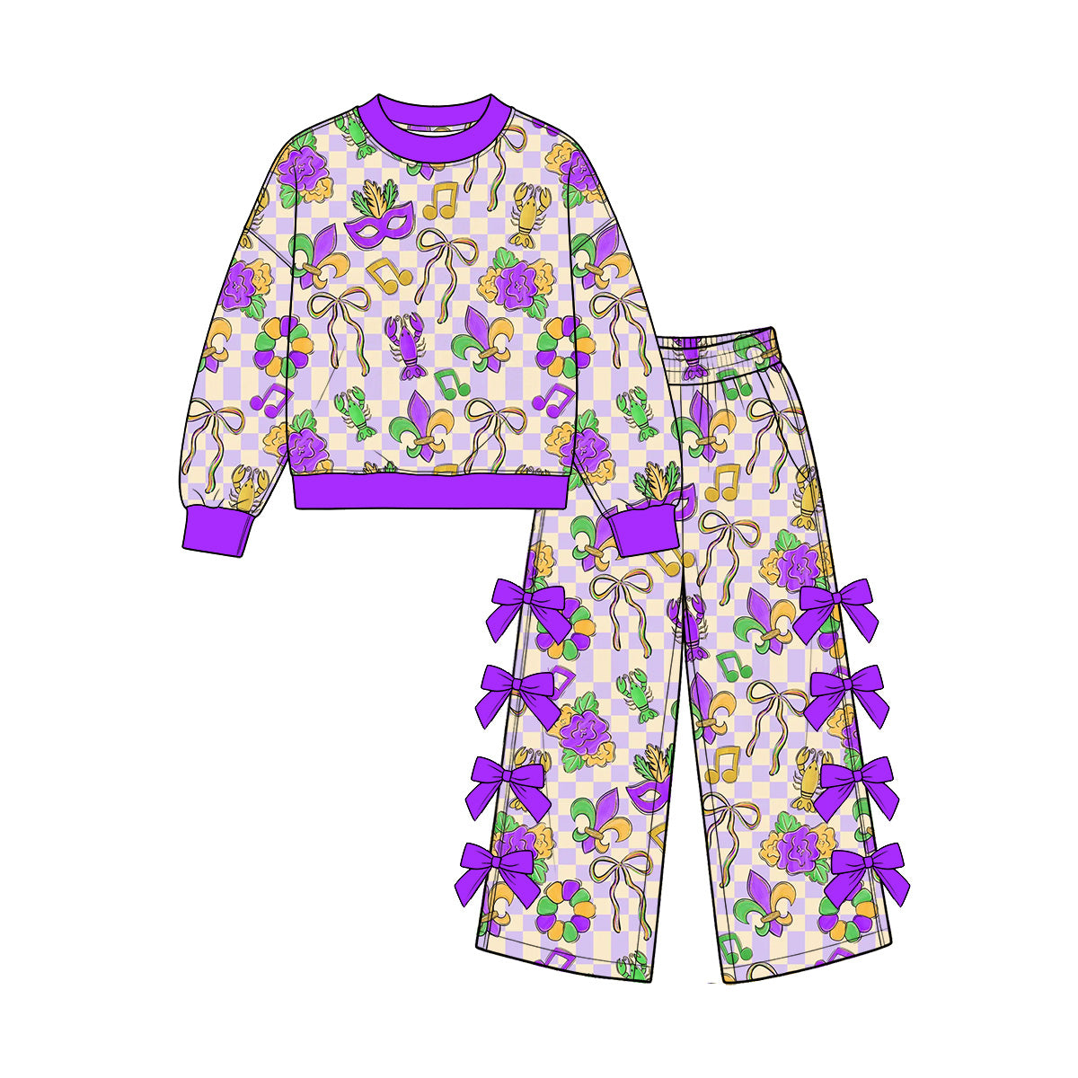 preorder GLP3866 Mardi Gras Crayfish Purple Checkered Long Sleeve Bows Pants Girls Set