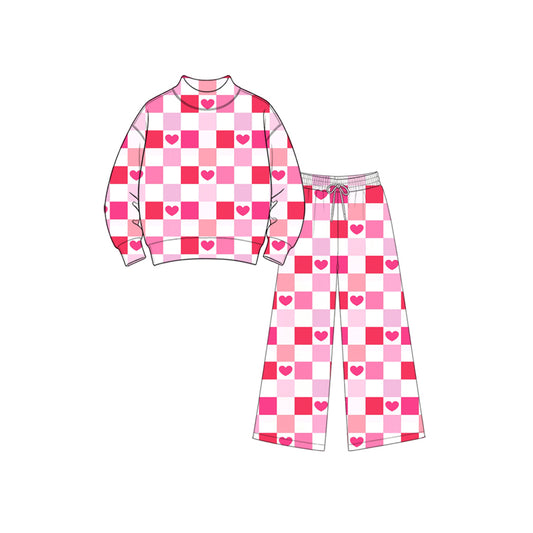 preorder GLP3867 Valentine's Day Hot Pink Heart Checkered Long Sleeve Pants Girls Set