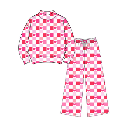 preorder GLP3869 Valentine's Day Hot Pink Heart Checkered Long Sleeve Pants Adult Women Set