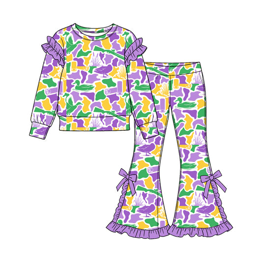 preorder GLP3873 Mardi Gras Camo Long Sleeve Pants Girls Set