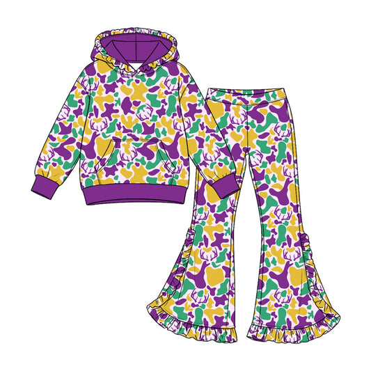 preorder GLP3878 Mardi Gras Camo Pocket Hoodie Long Sleeve Pants Girls Set