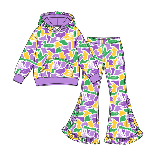 preorder GLP3879 Mardi Gras Camo Pocket Hoodie Long Sleeve Pants Girls Set