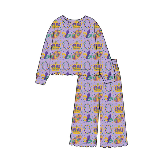 preorder GLP3883 Scallop Mardi Gras Purple Long Sleeve Pants Girls Set