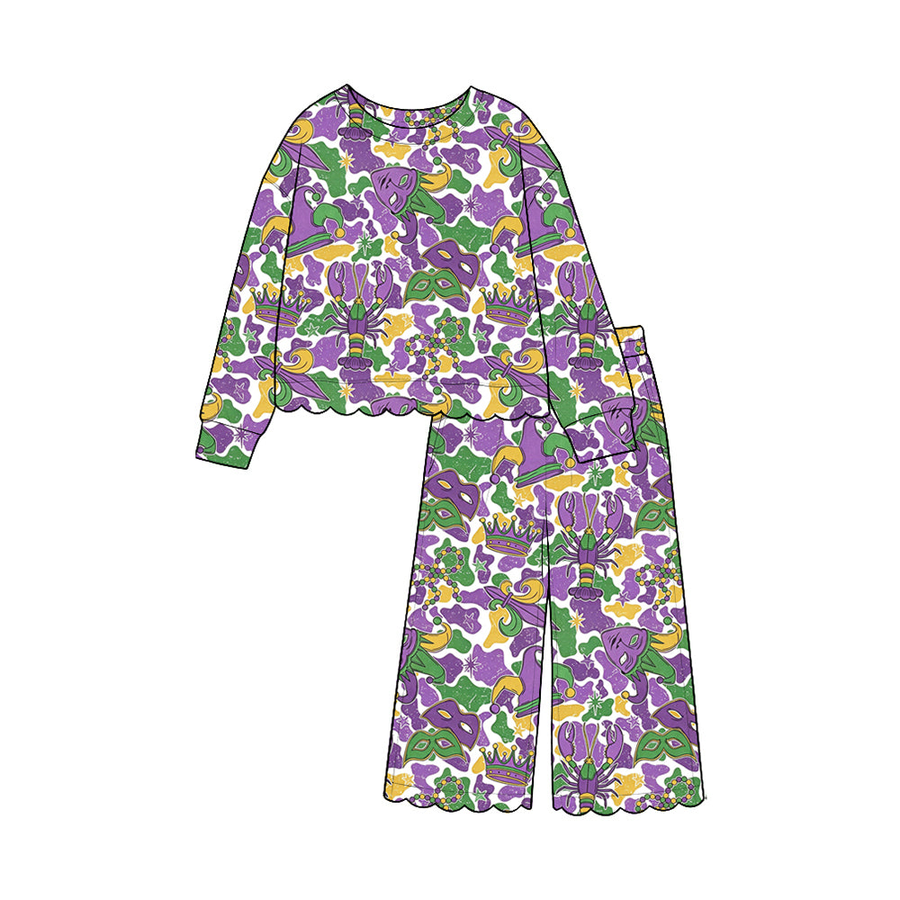 preorder GLP3884 Scallop Mardi Gras Purple Long Sleeve Pants Girls Set