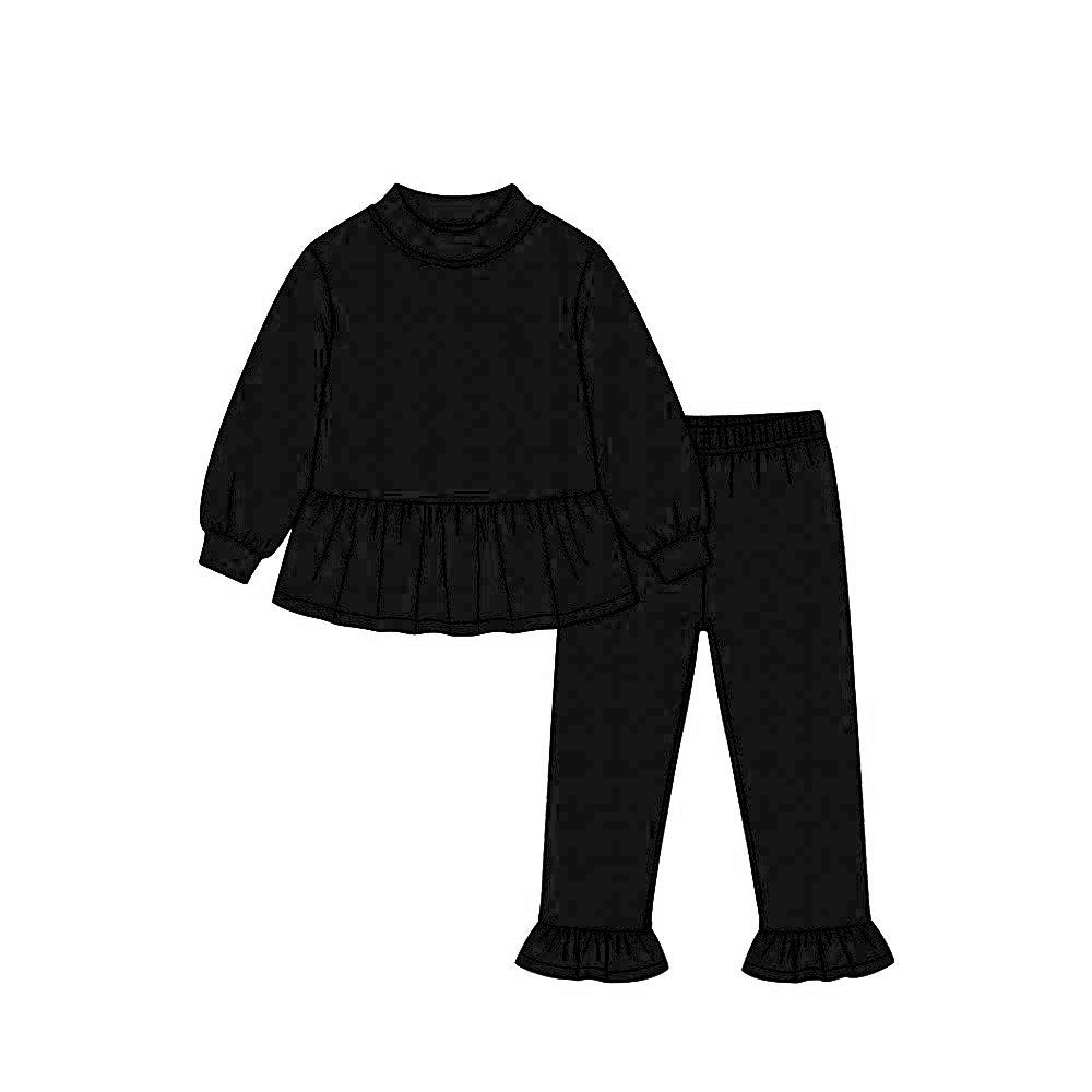 preorder GLP3885 Solid Color Black Long Sleeve Pants Girls Set