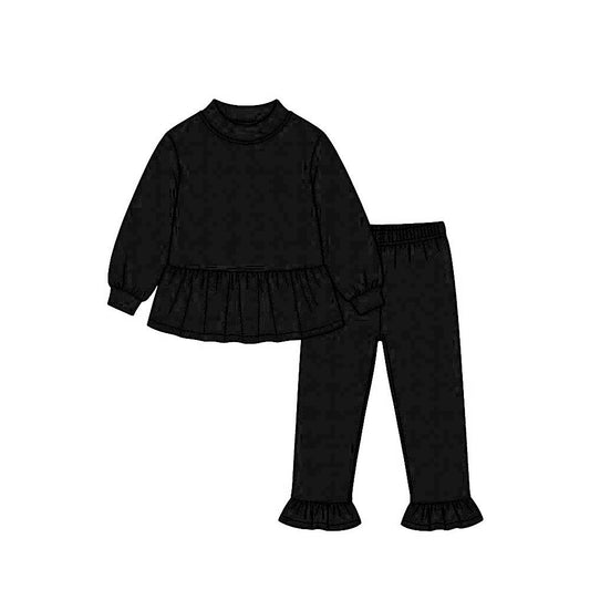 preorder GLP3885 Solid Color Black Long Sleeve Pants Girls Set