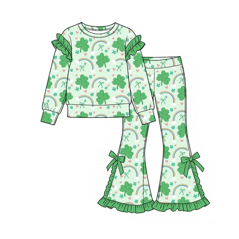 preorder GLP3892 Mardi gras Clover Green Long Sleeve Pants Girls Set