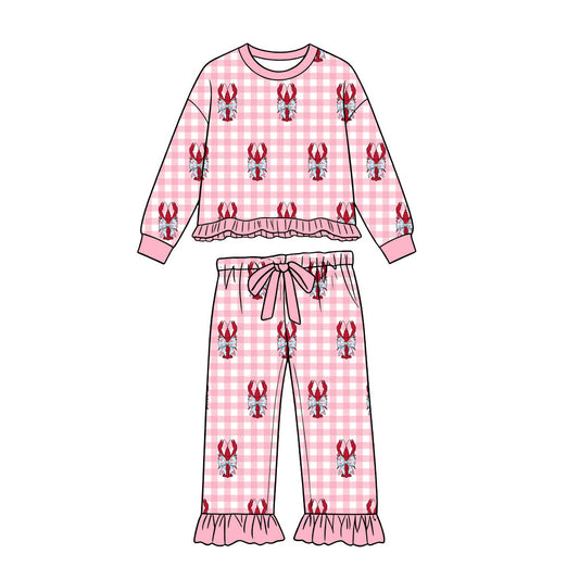 preorder GLP3909 Crayfish Pink Checkered Long Sleeve Pants Girls Pajamas