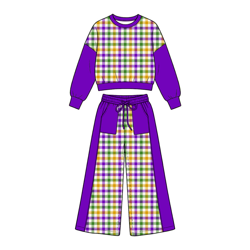 preorder GLP3921 Mardi Gras Purple Checkered Long Sleeve Pants Girls Set