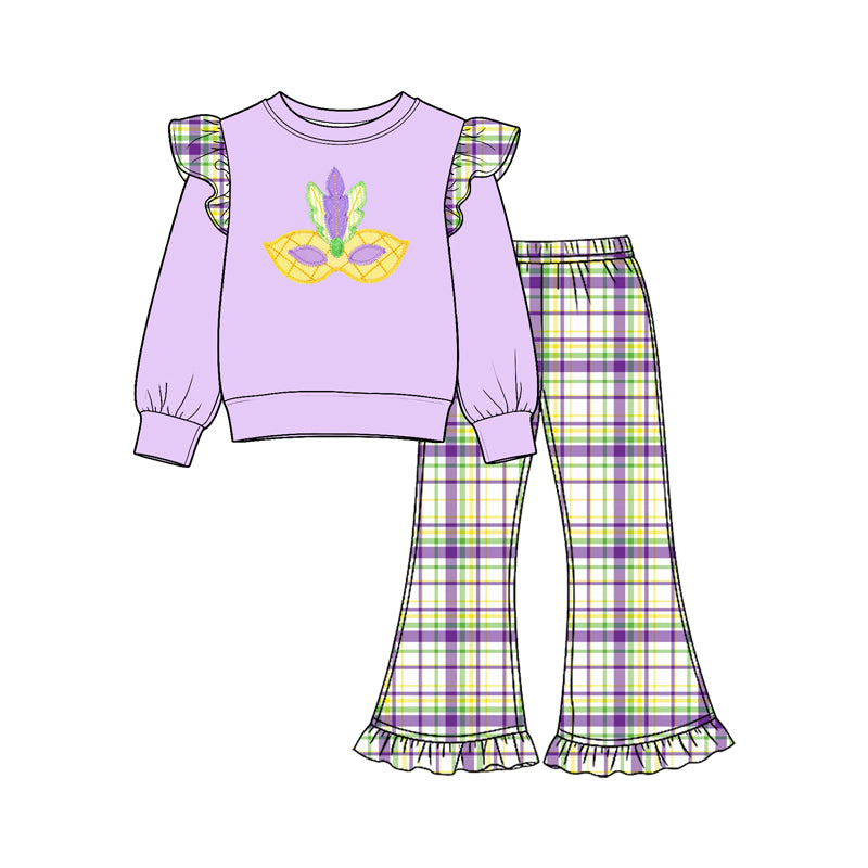 preorder GLP3922 Mardi Gras Purple Long Sleeve Checkered Pants Girls Set