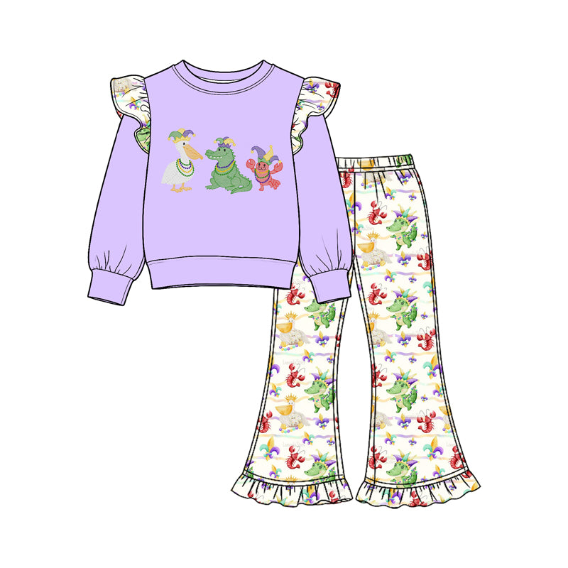 preorder GLP3923 Mardi Gras Dinosaur Purple Long Sleeve Pants Girls Set